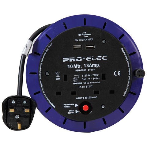 Pro-Elec 2 Gang Mains Extension Cassette Reel with USB, 13A, 10m - PEL00803