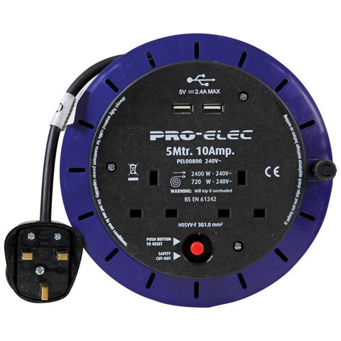 Pro-Elec Cassette Reel 2 Gang 10A With USB 5m - PEL00800