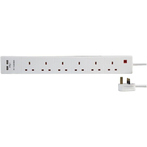 Pro-Elec 6 Gang with 2 USB Extension Lead White 2m - PEL00121
