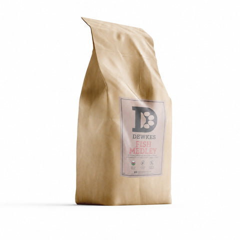 Dewkes Fish Medley Grain Free Dry Dog Food 2kg, packaging photo