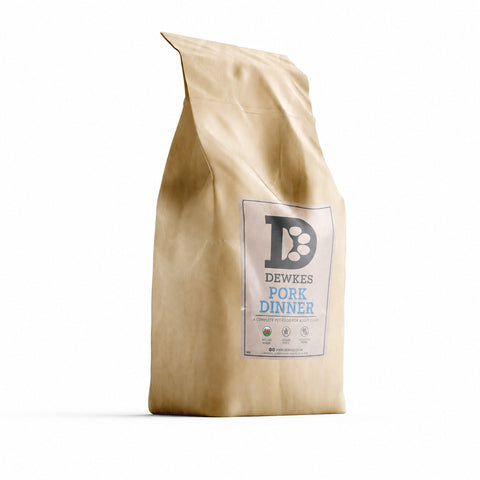 Dewkes Pork Dinner Grain Free Dry Dog Food 2kg, packaging photo