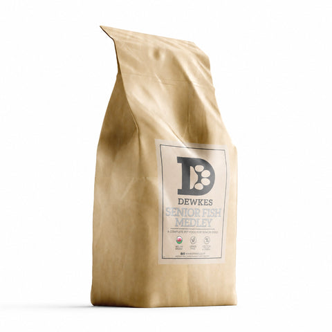 Dewkes Senior Fish Medley Grain Free Dog Food 2kg, packaging photo