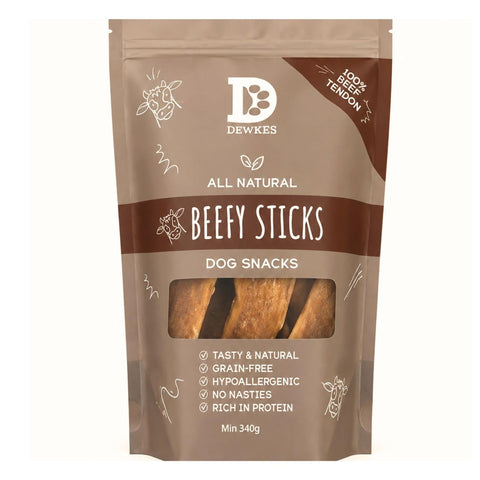 Dewkes Beefy Sticks Dog Treats 340g 100% Beef Tendon, packaging photo