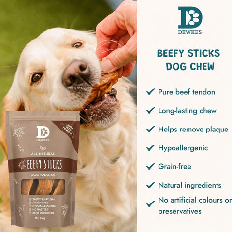 Dewkes Beefy Sticks Dog Treats 340g 100% Beef Tendon, packaging photo 2