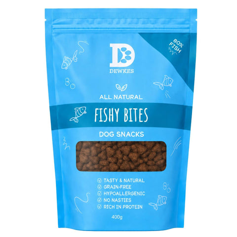 Dewkes Fishy Bites Dog Treats Grain Free 400g, packaging photo 1