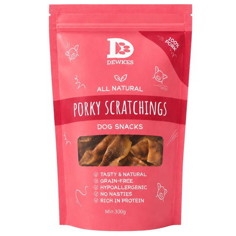 Dewkes Porky Scratchings Dog Treats 300g 100% Pork, packaging photo 1