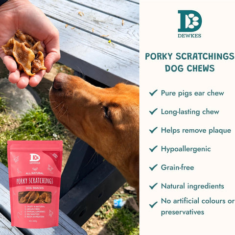 Dewkes Porky Scratchings Dog Treats 300g 100% Pork, packaging photo 2