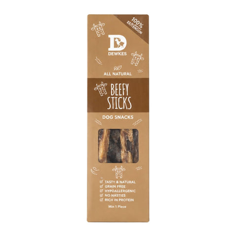 Dewkes Beefy Sticks Dog Treats 85g 100% Beef Tendon, packaging photo 1
