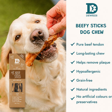 Dewkes Beefy Sticks Dog Treats 85g 100% Beef Tendon, packaging photo 2