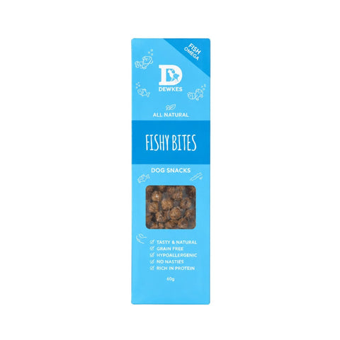 Dewkes Fishy Bites Dog Treats Grain Free 60g, packaging photo 1