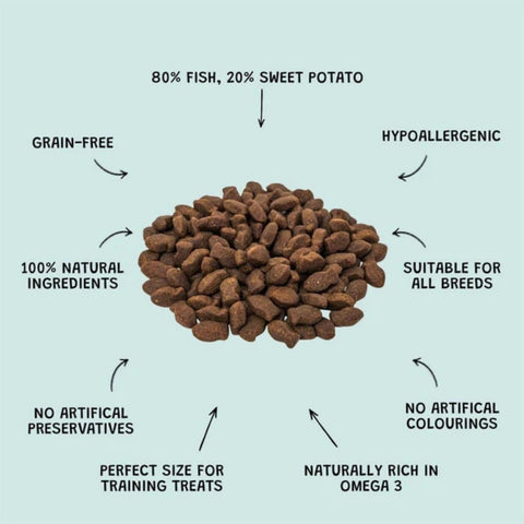 Dewkes Fishy Bites Dog Treats Grain Free 60g, packaging photo 3