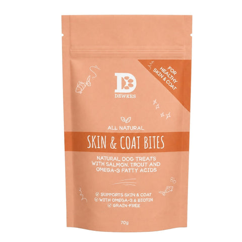Dewkes Skin & Coat Bites Salmon Dog Treats 70g, packaging photo 1