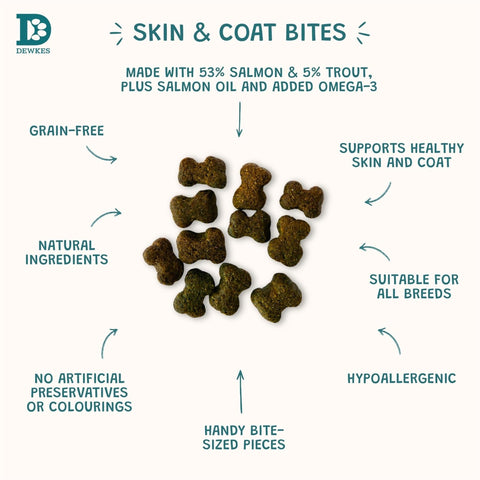 Dewkes Skin & Coat Bites Salmon Dog Treats 70g, packaging photo 2