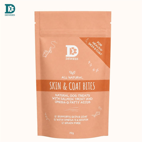 Dewkes Skin & Coat Bites Salmon Dog Treats 70g, packaging photo 3