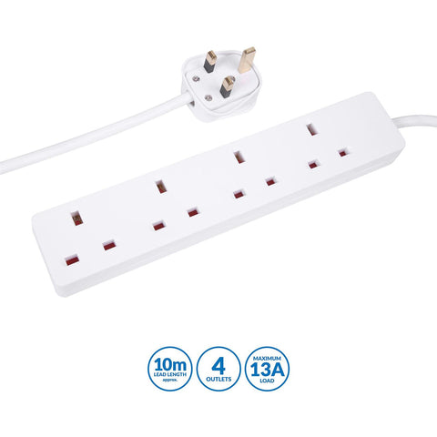 Pro-Elec 4 Gang Mains Extension Lead, 10m, White - PELB1906