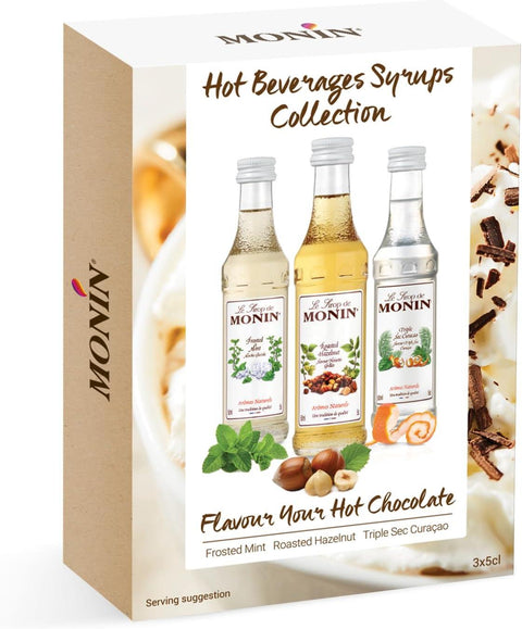 Monin Premium Hot Chocolate Syrup Gift Set (Frosted Mint, Triple Sec Curacao, Roasted Hazelnut) 1x3x5cl