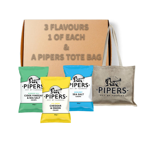 Pipers Christmas Selection Box Gift Bundle | 3 Flavours of Crisps | 1 of Each Flavour | 150g Bags with Pipers Tote Bag