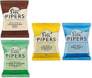 Pipers Top 4 Mixed Variety 40 x 40g | 13 x Lye Cross Cheddar & Onion | 11 x Anglesey Sea Salt | 9 x Burrow Hill Cider Vinegar & Sea Salt | 7 x Great Berwick Longhorn Beef