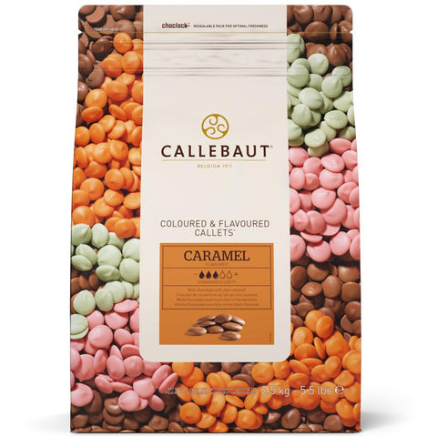 Callebaut colored and flavored chocolate pieces packaging with caramel flavor.