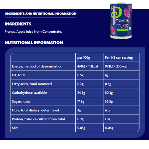 Princes Prunes with Juice ingredients and nutrition details