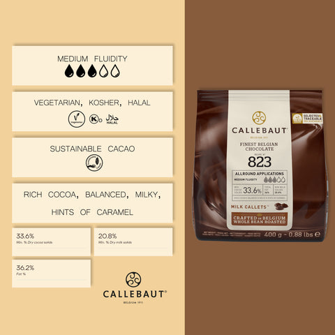 Callebaut 823 Finest Belgian Milk Chocolate Couverture Callets 33.6% Cocoa 400g