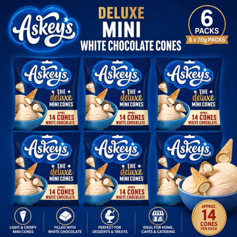 Askeys Deluxe Mini White Chocolate Cones 6 x 70g Packs Promotional Image