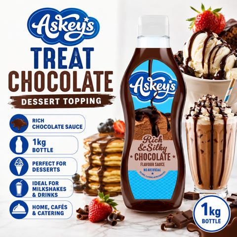 Askeys Treat Chocolate Dessert Topping label close up, 1kg bottle of chocolate flavoured sauce