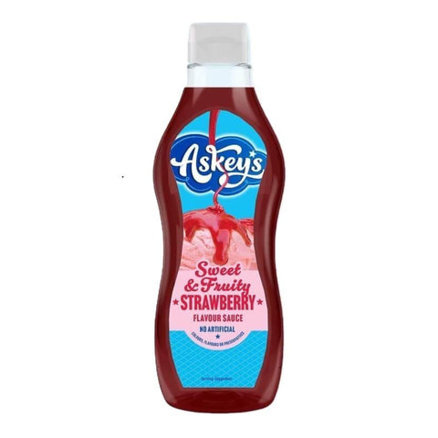 Askeys Treat Strawberry Dessert Topping label close up, 1kg bottle of strawberry flavoured sauce
