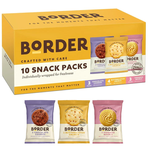 Box of Border snack packs with individually wrapped cookies on a white background