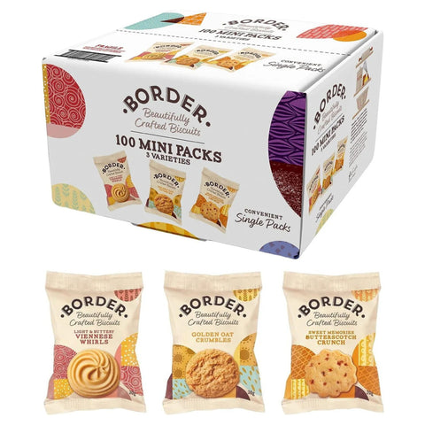 Box of Border mini packs of cookies with three individual packages displayed in front.