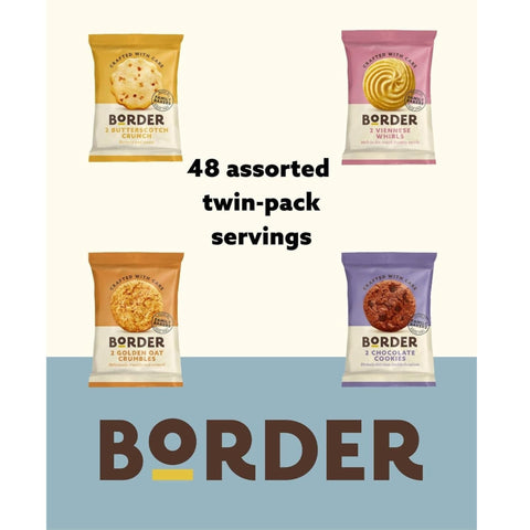 Four Border brand snack packages on a white background with text indicating 48 assorted twin-pack servings.