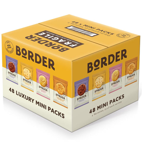Box of 48 Border luxury mini packs on a white background