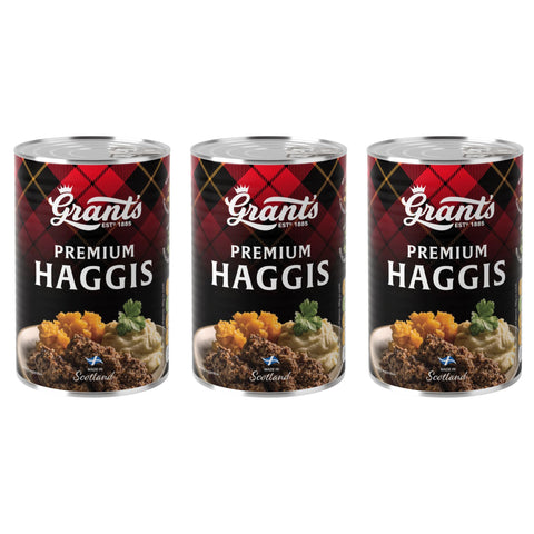 Three cans of Grant's Premium Haggis on a white background