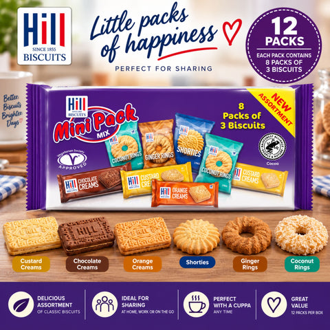 Assortment of Hill Mini Pack Mix biscuits including Custard Creams and Ginger Rings