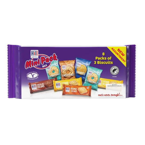 Single 246g pack of Hill Mini Pack Mix Assorted Biscuits showing 8 mini packs
