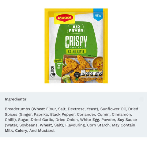 Ingredients and nutritional information on Maggi Air Fryer Crispy Coating Katsu Style pack