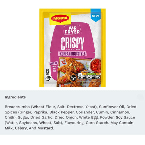 Ingredients and nutritional information on Maggi Air Fryer Crispy Coating Korean BBQ Style pack