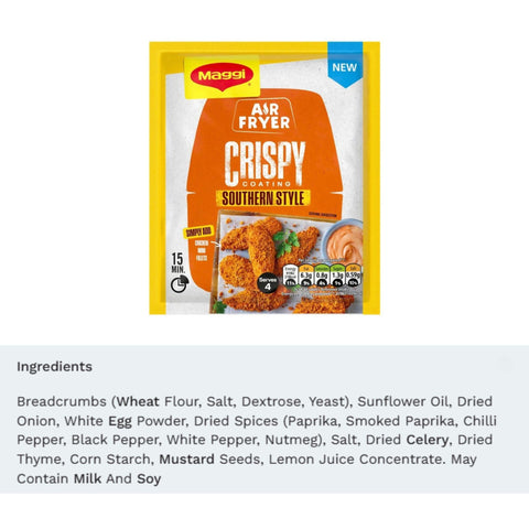 Ingredients and nutritional information on Maggi Air Fryer Crispy Coating Southern Style pack