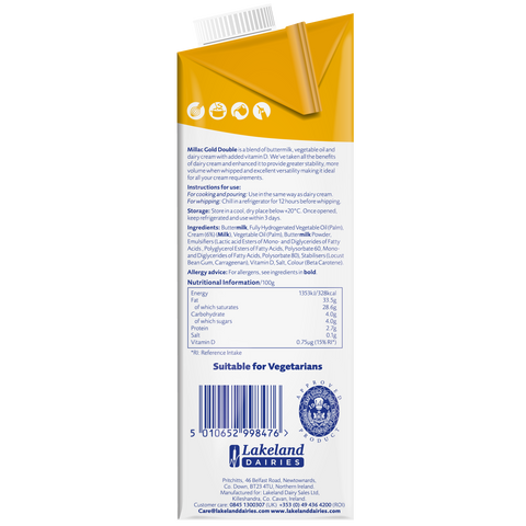 Millac Gold Double Whipping, Cooking and Pouring Milk Alternative 1ltr