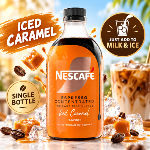 Close up of Nescafe Espresso Concentrated Iced Caramel Flavour bottle label