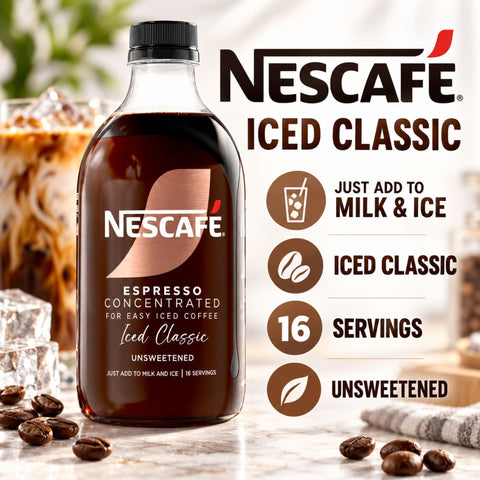 Close up of Nescafe Espresso Concentrated Iced Classic Unsweetened bottle label