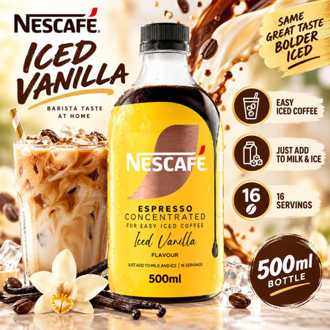 Close up of Nescafe Espresso Concentrated Iced Vanilla bottle label