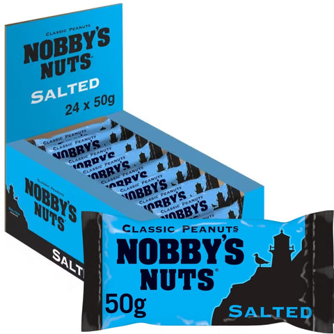 Box of Nobby's Nuts salted classic peanuts with a blue and black design.