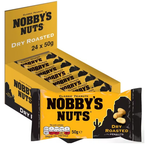Box of Nobby's Nuts dry roasted peanuts with packaging details.