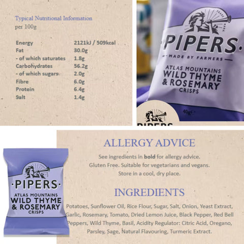 Pipers Crisps Atlas Mountain Wild Thyme & Rosemary 24x40g