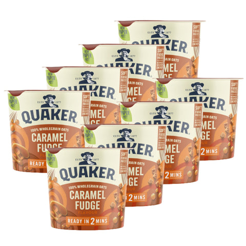 Quaker Caramel Fudge oatmeal cups on a white background