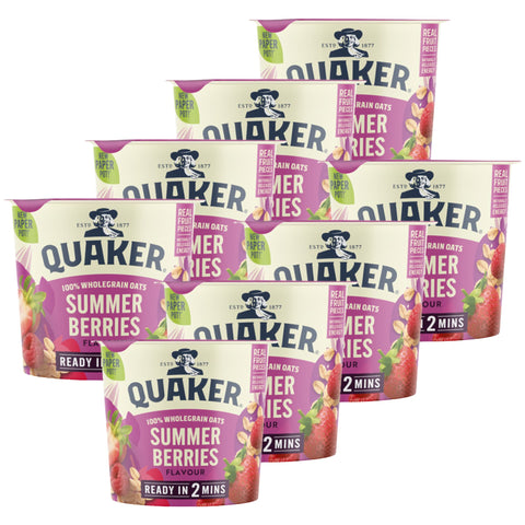 Multiple containers of Quaker Summer Berries oatmeal on a white background