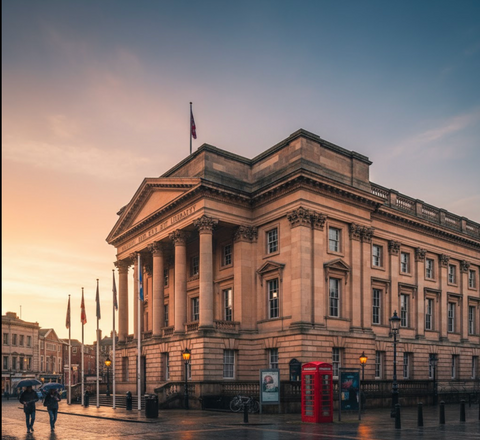 Large stone building with columns and flags on a cloudy day