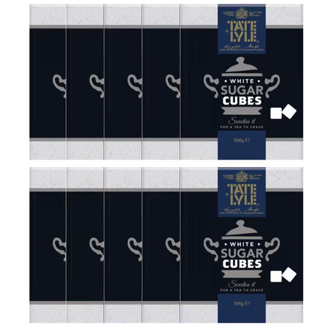 Multiple boxes of Tate & Lyle white sugar cubes on a white background