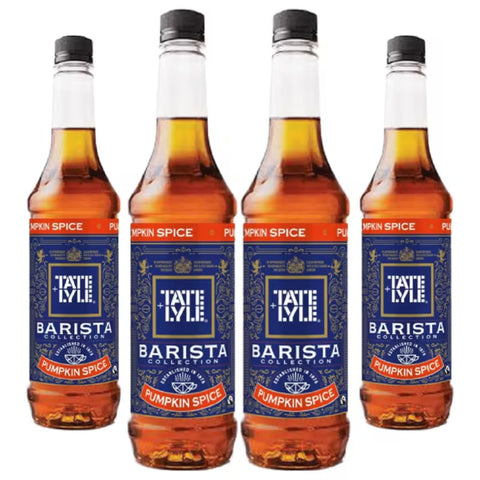 Four bottles of Tate & Lyle Barista Collection Pumpkin Spice syrup on a white background